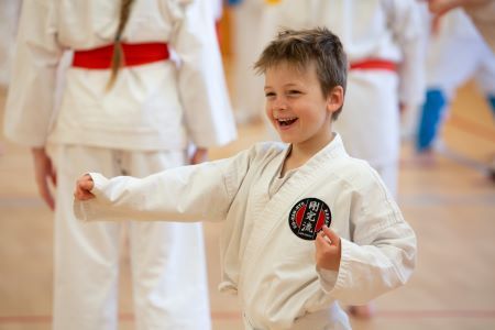 Smiling boy doing karate