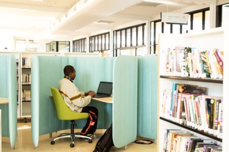 Man seated in study pod at Parks Library