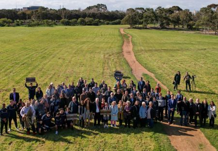 An aerial photo of a group of people